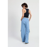 Emory Park wide leg laser cutout cotton beach pants in light blue worn with black tank top