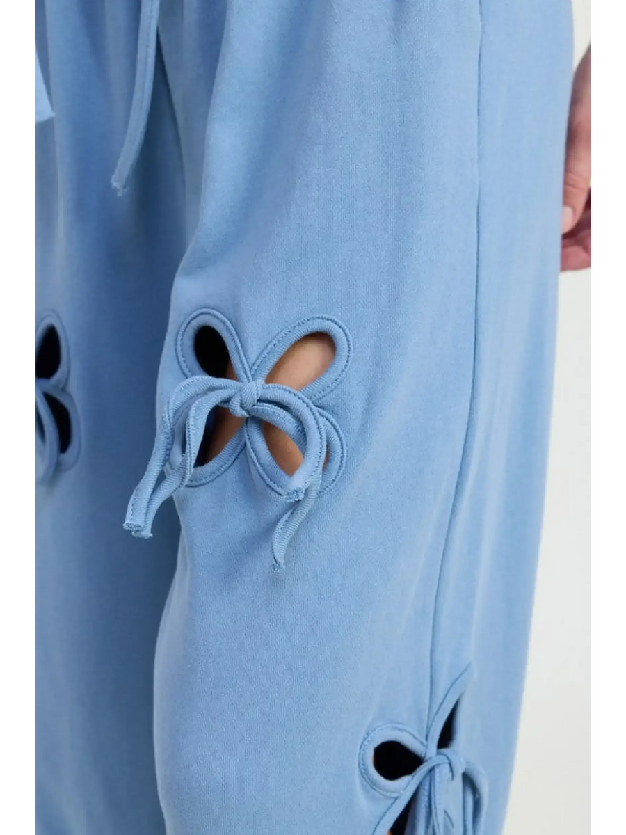 Emory Park wide leg laser cutout cotton beach pants in light blue with floral tie details