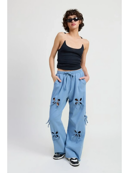 Emory Park wide leg laser cutout cotton beach pants in light blue styled with black tank top and sneakers