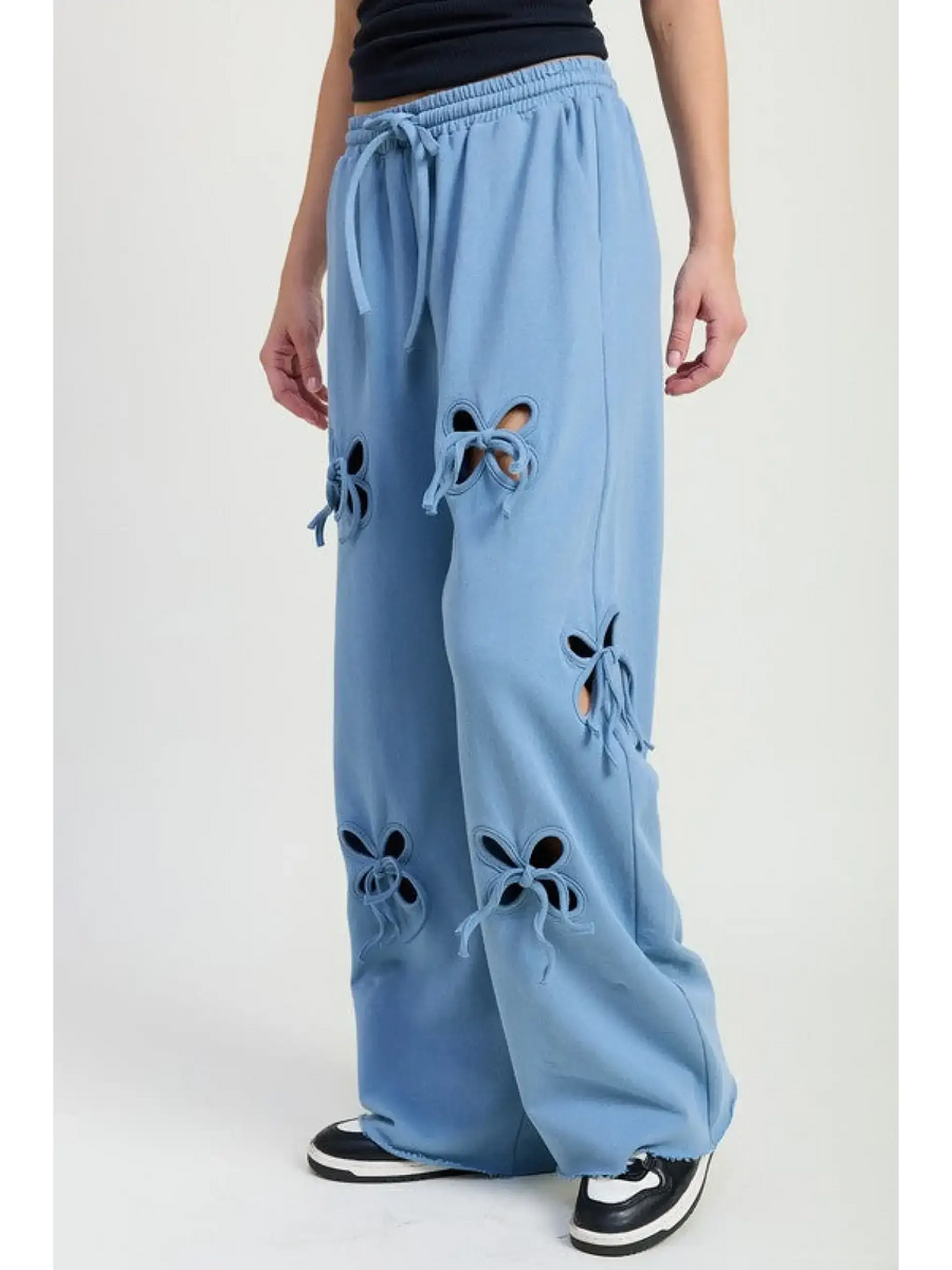 Emory Park wide leg laser cutout cotton beach pants in light blue with bow details and drawstring waist