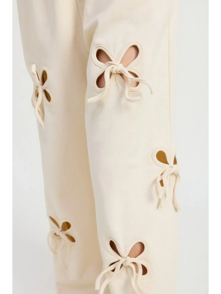 Emory Park wide leg laser cutout cotton beach pants with decorative floral cutouts and ties