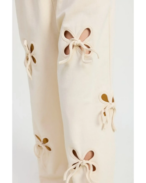 Emory Park wide leg laser cutout cotton beach pants with decorative floral cutouts and ties