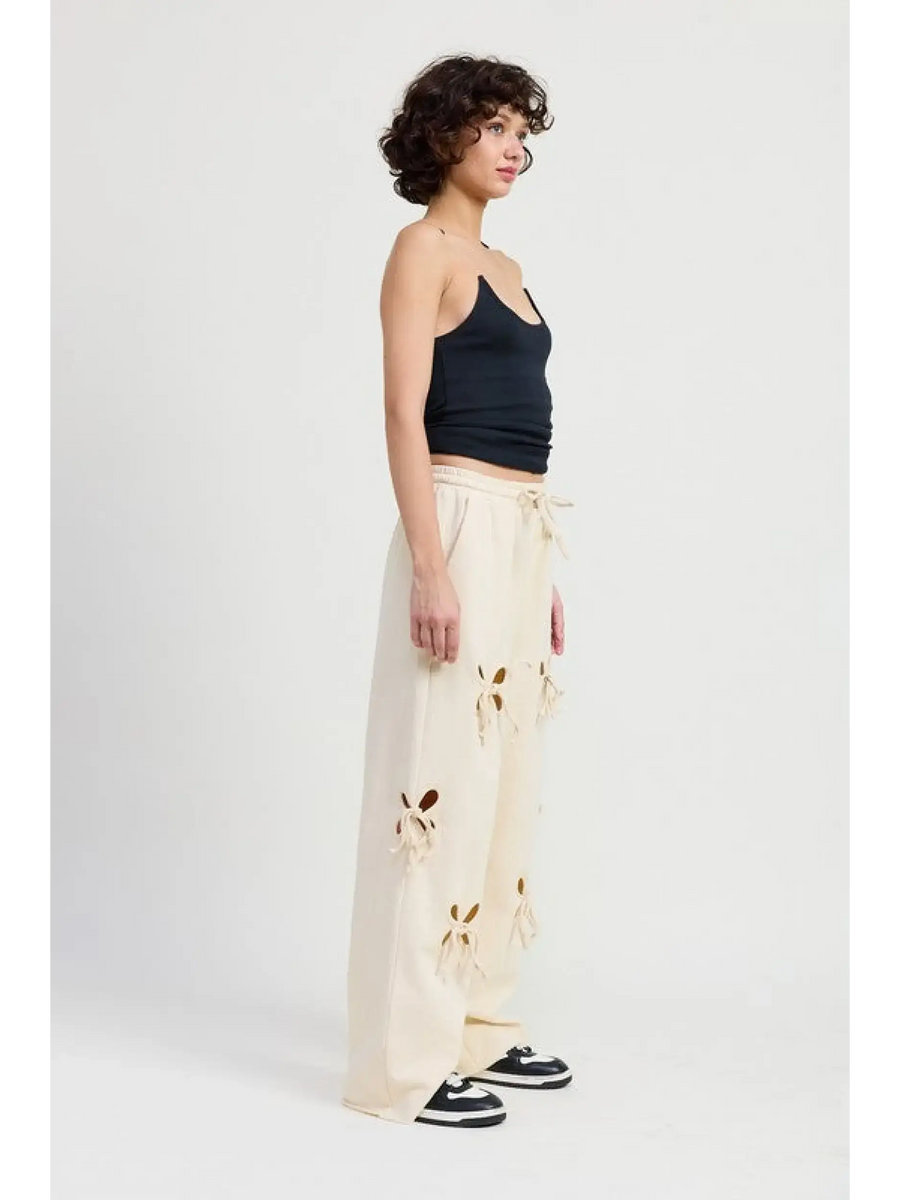 Emory Park laser cutout cotton beach pants wide leg cream color with drawstring waist