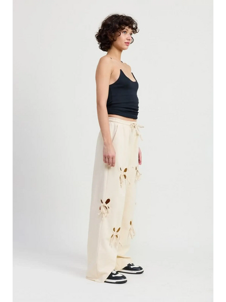 Emory Park laser cutout cotton beach pants wide leg cream color with drawstring waist