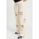 Emory Park wide leg laser cutout cotton beach pants in cream with floral cutout details