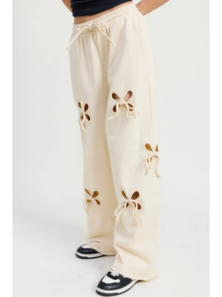 Emory Park wide leg laser cutout cotton beach pants in cream with floral cutout details