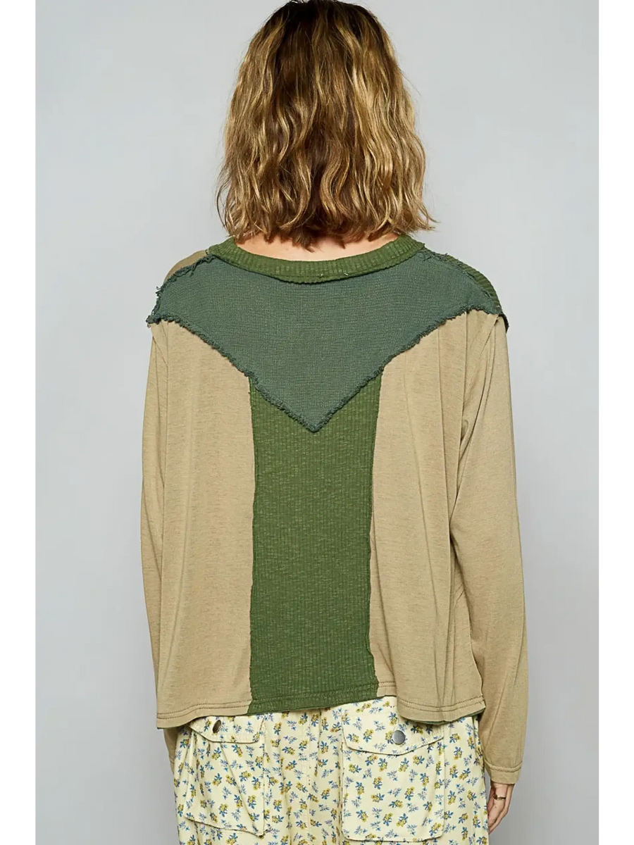 Babe Beachwear long sleeve shirt with green and beige panels featuring a notched casual vacation top design