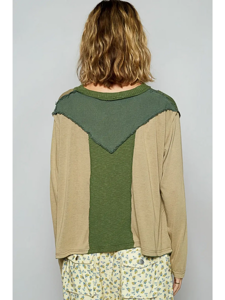 Babe Beachwear long sleeve shirt with green and beige panels featuring a notched casual vacation top design