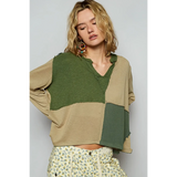 Babe Beachwear long sleeve shirt in green and beige color blocks with notched collar for a casual vacation top