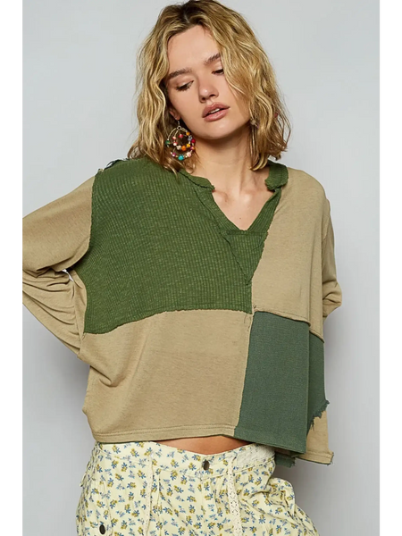 Babe Beachwear long sleeve shirt in green and beige color blocks with notched collar for a casual vacation top