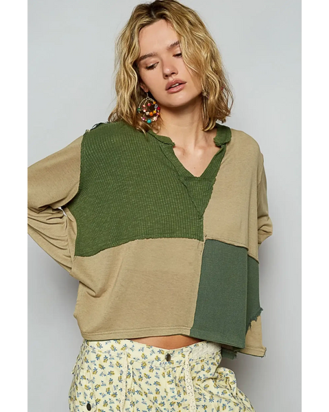 Babe Beachwear long sleeve shirt in green and beige color blocks with notched collar for a casual vacation top