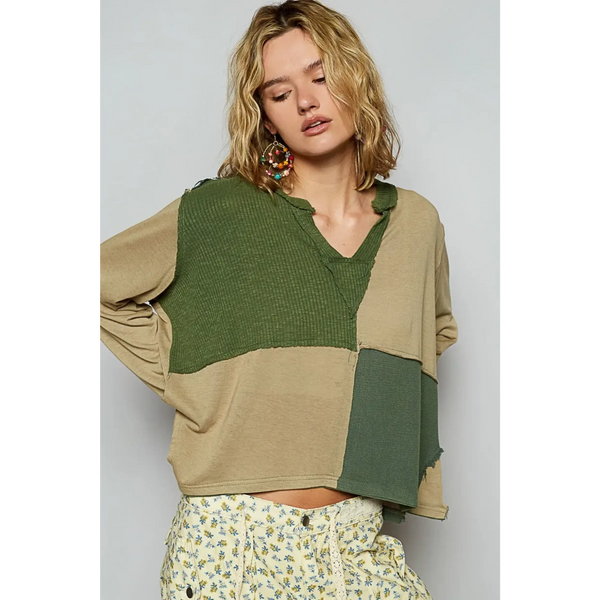 Babe Beachwear long sleeve shirt in green and beige color blocks with notched collar for a casual vacation top