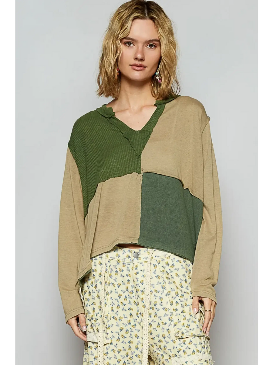 Babe Beachwear long sleeve shirt in beige and green patchwork with notched casual vacation top neckline