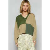 Babe Beachwear long sleeve shirt in beige and green patchwork with notched casual vacation top neckline