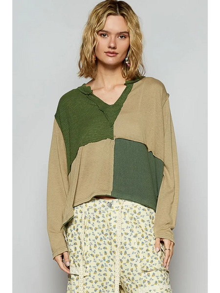 Babe Beachwear long sleeve shirt in beige and green patchwork with notched casual vacation top neckline