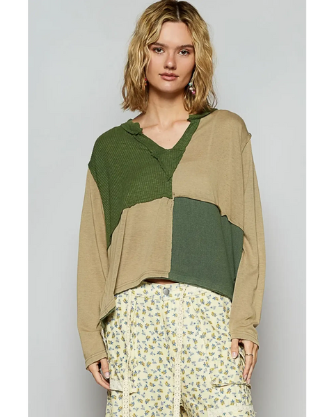 Babe Beachwear long sleeve shirt in beige and green patchwork with notched casual vacation top neckline