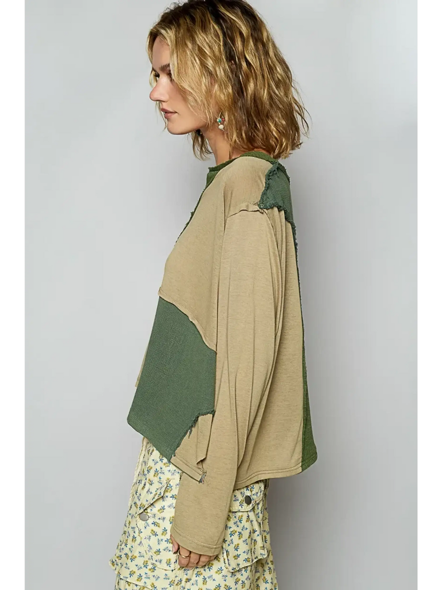 Babe Beachwear long sleeve notched casual vacation top in beige and green color block design