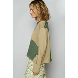 Babe Beachwear long sleeve notched casual vacation top in beige and green color block design
