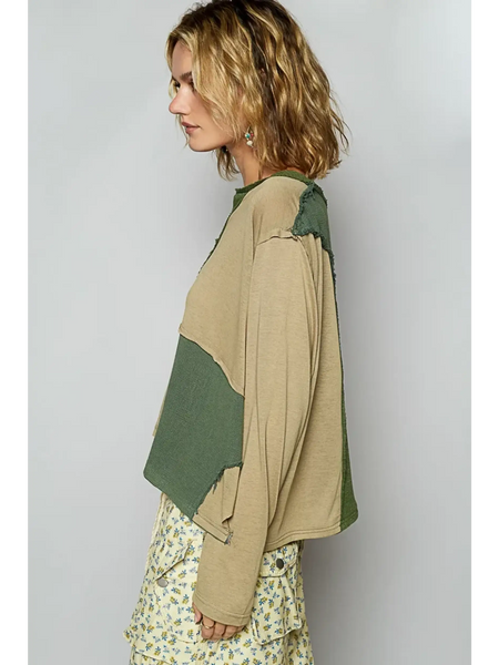 Babe Beachwear long sleeve notched casual vacation top in beige and green color block design