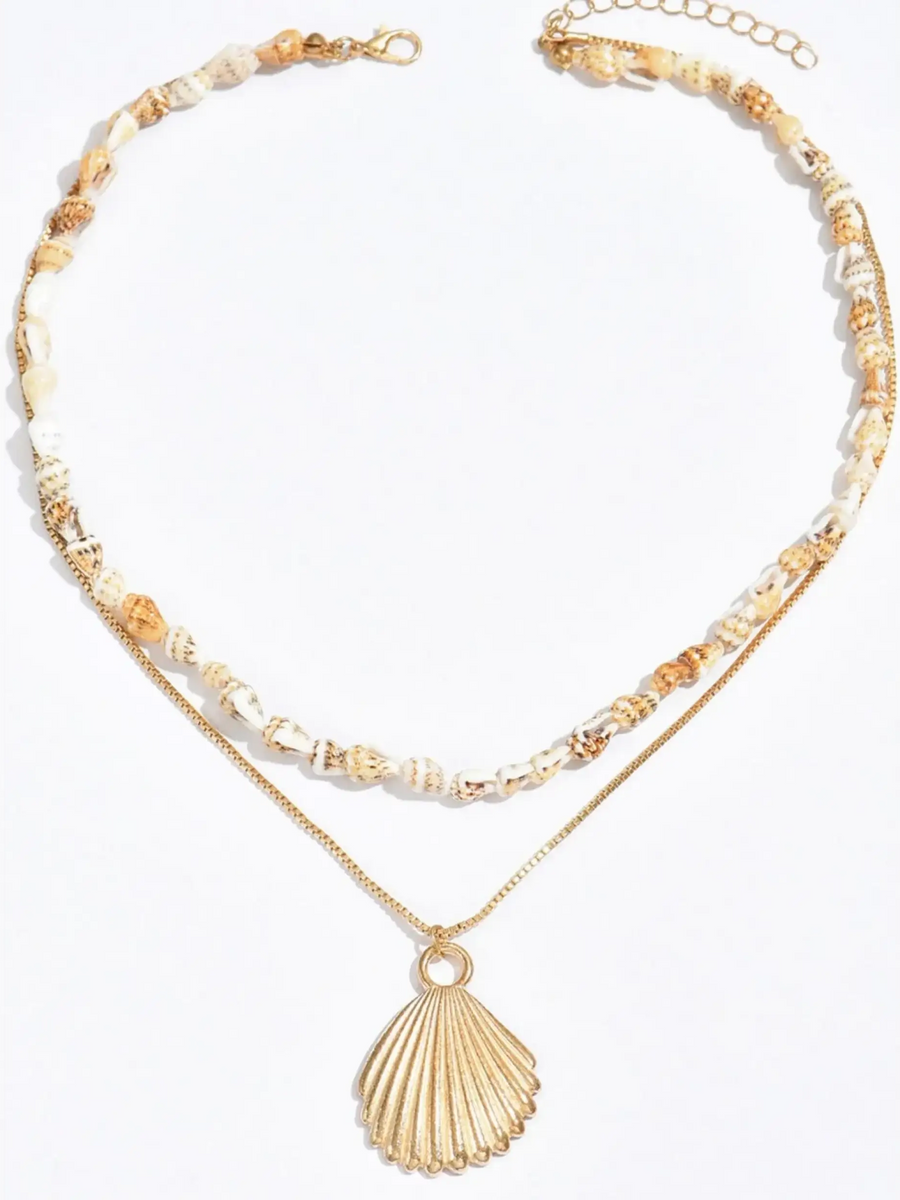Trendsi Layered Shell Necklace with gold pendant and natural shell beads for stylish beachwear