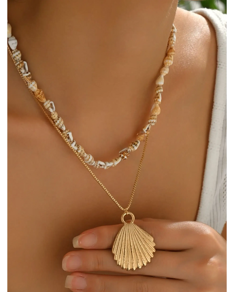 Trendsi Layered Shell Necklace featuring gold shell pendant and natural shell beads on layered chains