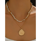 Trendsi Layered Shell Necklace featuring small natural shells and gold seashell pendant on two chains