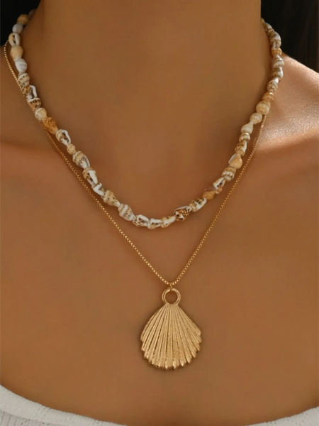 Trendsi Layered Shell Necklace featuring small natural shells and gold seashell pendant on two chains