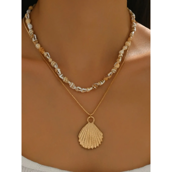 Trendsi Layered Shell Necklace featuring small natural shells and gold seashell pendant on two chains