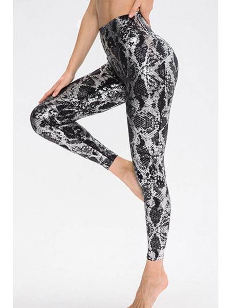 black and silver side Animal Print Slim Fit Wide Waistband Long Sports Pants - Beach Babes Beachwear - Fort Lauderdale