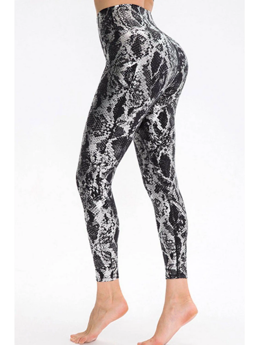 black and silver back Animal Print Slim Fit Wide Waistband Long Sports Pants - Beach Babes Beachwear - Fort Lauderdale