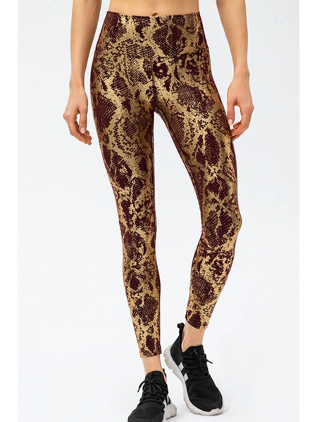 brown and silver front Animal Print Slim Fit Wide Waistband Long Sports Pants - Beach Babes Beachwear - Fort Lauderdale