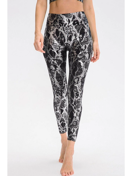 black and silver detail animal Print Slim Fit Wide Waistband Long Sports Pants - Beach Babes Beachwear - Fort Lauderdale