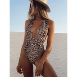 Beach Babes leopard print swimsuit for women with deep V neckline and cutout detail