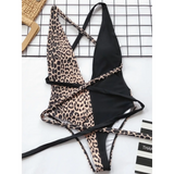 Beach Babes leopard print swimsuit for women with black panel and wrap-around straps