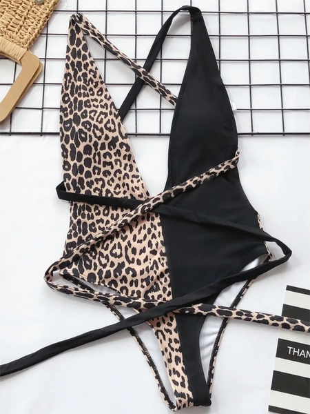 Beach Babes leopard print swimsuit for women with black panel and wrap-around straps