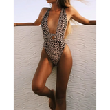 Leopard print swimsuit for women by Beach Babes with deep v-neck and wrap-around waist tie