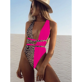Beach Babes leopard print swimsuit for women with contrasting pink panels and wraparound straps