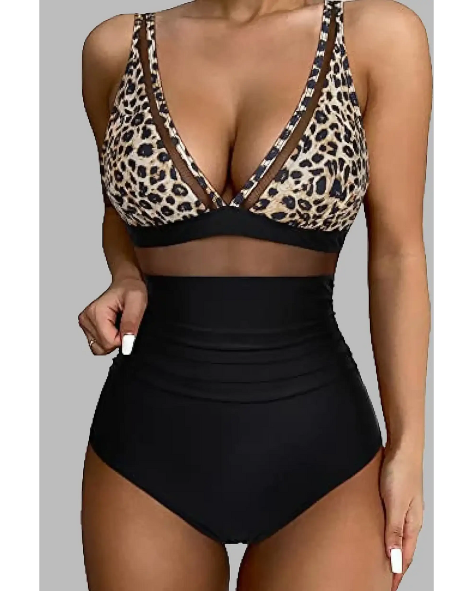 Beach Babes leopard print and black high waist two-piece swimsuit with mesh details