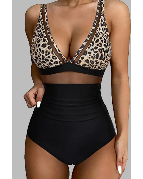 Beach Babes leopard print and black high waist two-piece swimsuit with mesh details