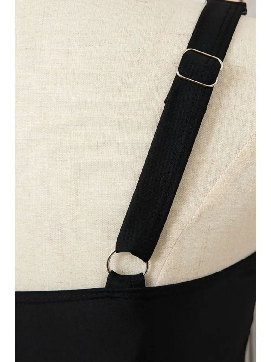 Adjustable black swimsuit strap with silver buckle detail from Beach Babes swimsuit