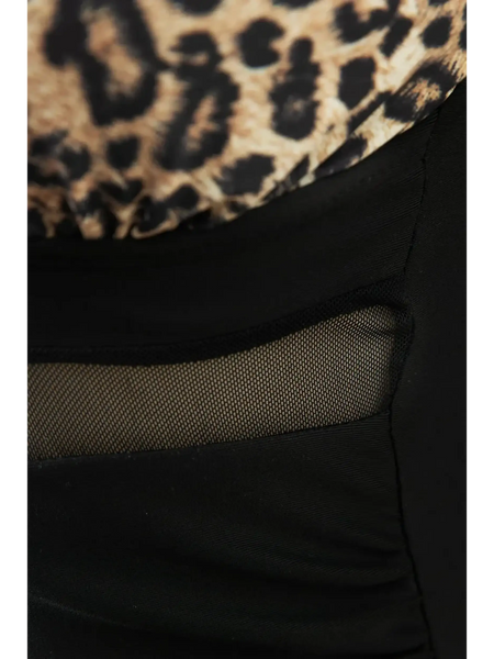 Beach Babes swimsuit with leopard print top and black mesh panel for stylish swimwear