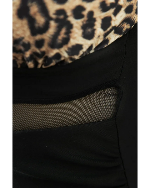 Beach Babes swimsuit with leopard print top and black mesh panel for stylish swimwear