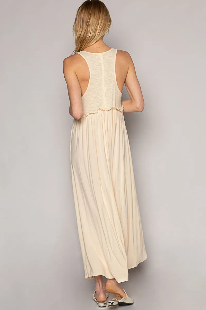 Trendsi lightweight beach party dress beige sleeveless midi dress with flowy fabric