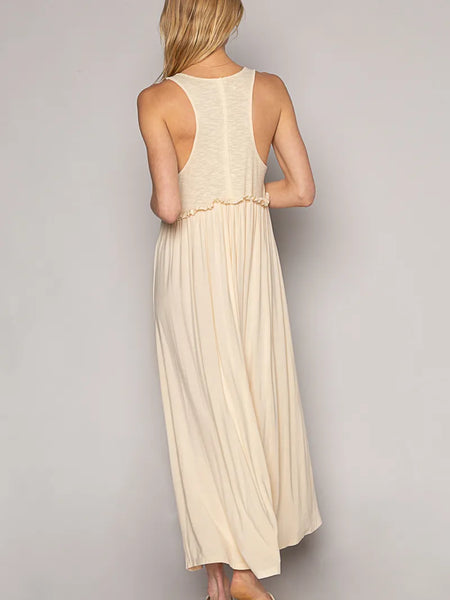Trendsi lightweight beach party dress beige sleeveless midi dress with flowy fabric