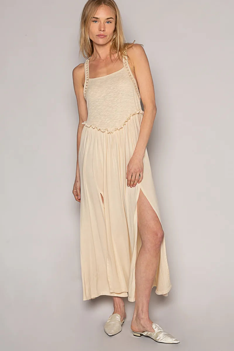 Trendsi beige midi dress with side slit, perfect lightweight beach party dress for summer events