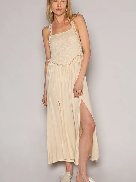 Trendsi beige midi dress with side slit, perfect lightweight beach party dress for summer events