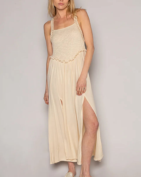 Trendsi beige midi dress with side slit, perfect lightweight beach party dress for summer events