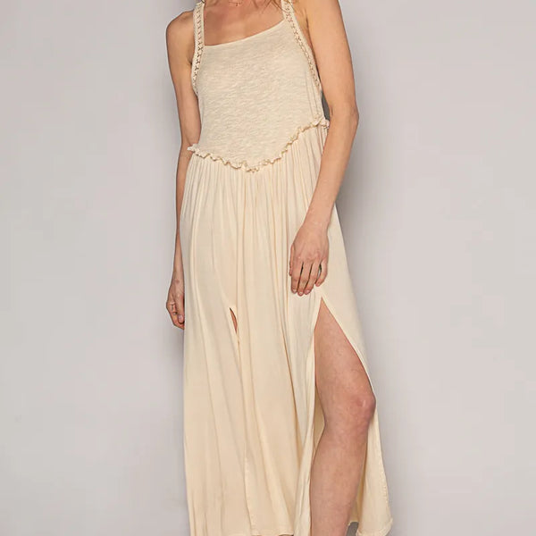 Trendsi beige midi dress with side slit, perfect lightweight beach party dress for summer events