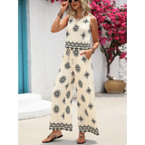Babe Beachwaer lightweight casual beach outfit pants set with black floral print and sleeveless top