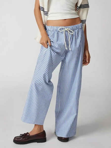 Babe Beachwaer lightweight summer stripped beach pants in blue and white with wide leg design